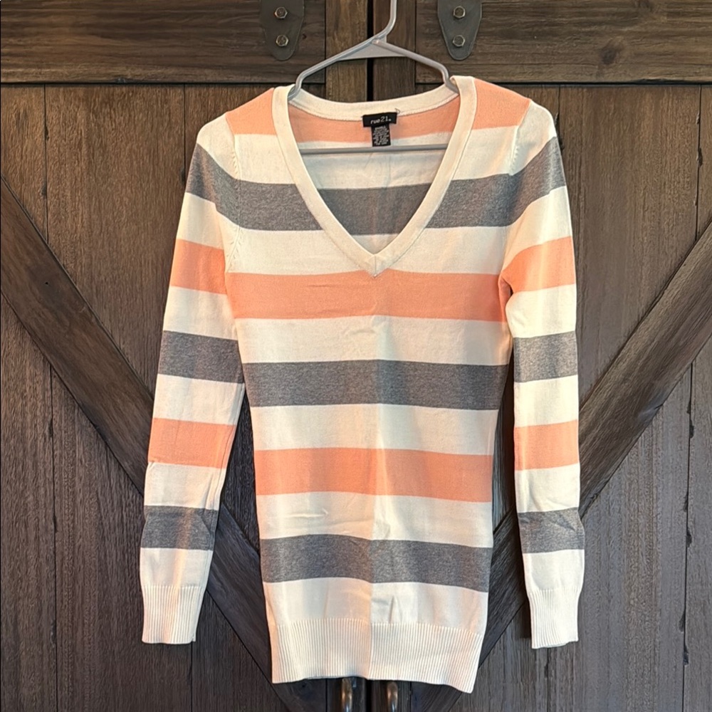 Rue21 V-Neck Sweater - Coral and Gray Stripes